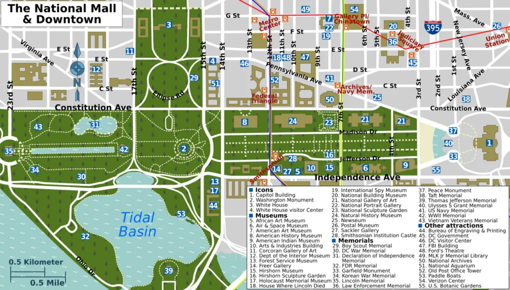 Mapa National Mall z 50 atrakcjami, Waszyngton, D.C.