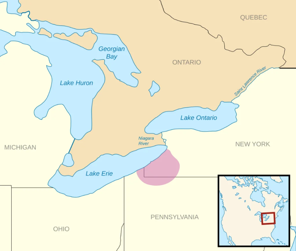 Wycinek mapy z widocznymi jeziorami Erie oraz Ontario i łączącą je rzeką Niagara, na kt&oacute;rej znajduje się wodospad Niagara