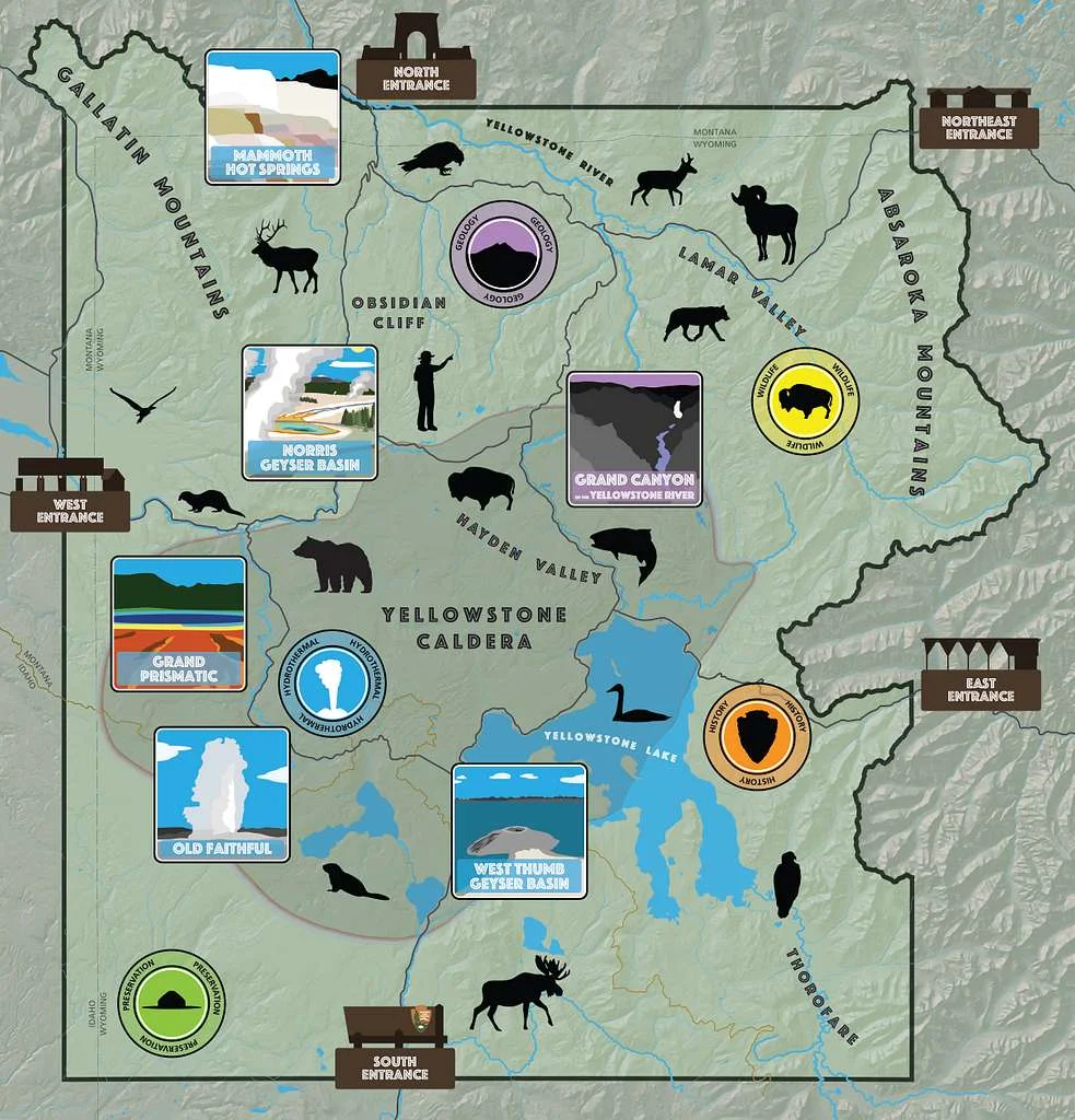 Mapa Parku Narodowego Yellowstone z zaznaczonym rozmiarem kaldery wulkanu